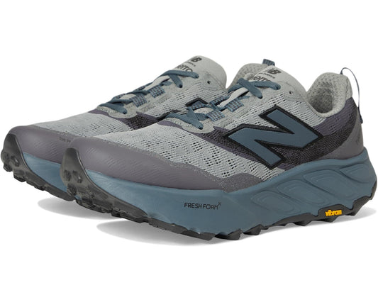 Men's New Balance trail running shoes in slate grey and shadow blue, lace-up, Fresh Foam.