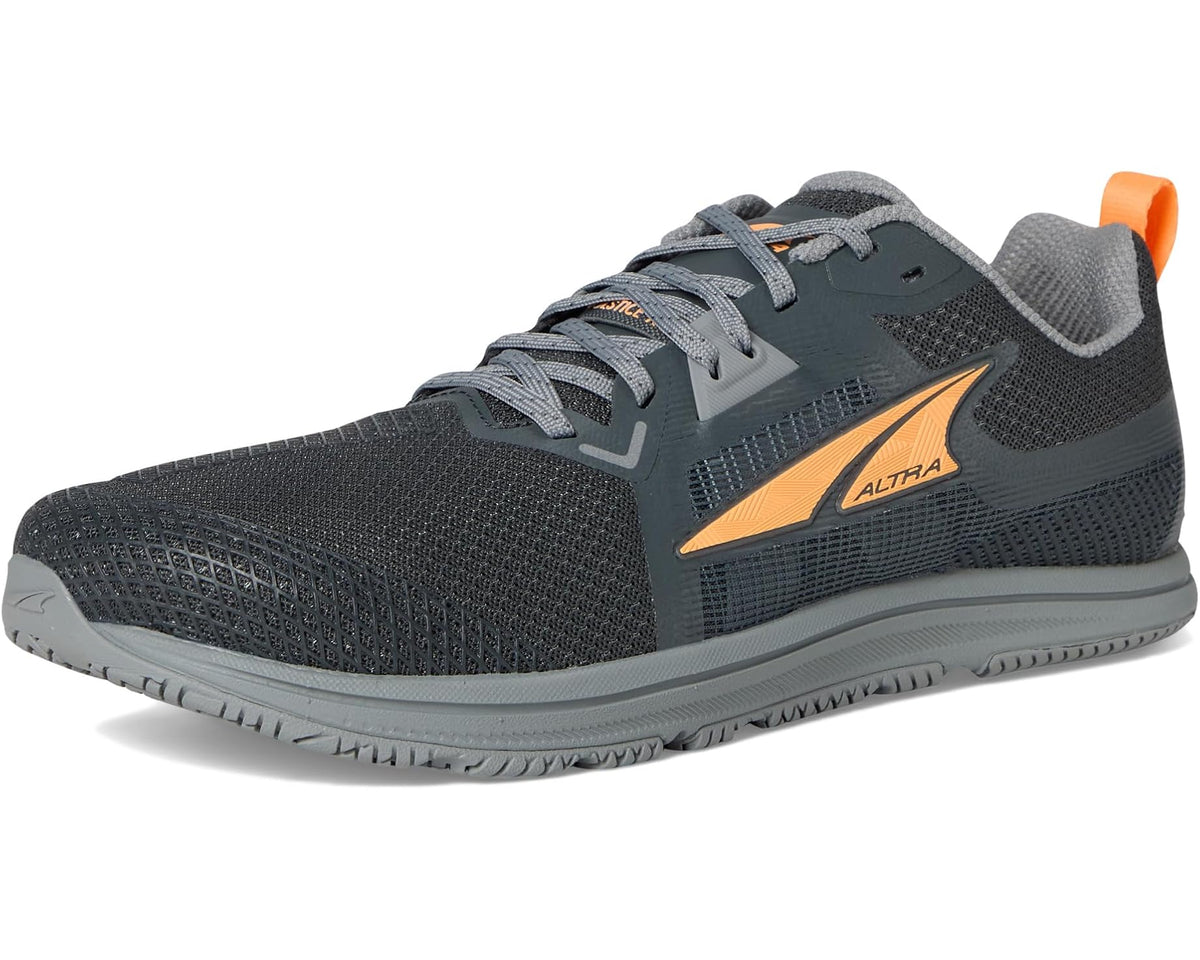 Men's dark gray running shoe with orange details and lace-up design