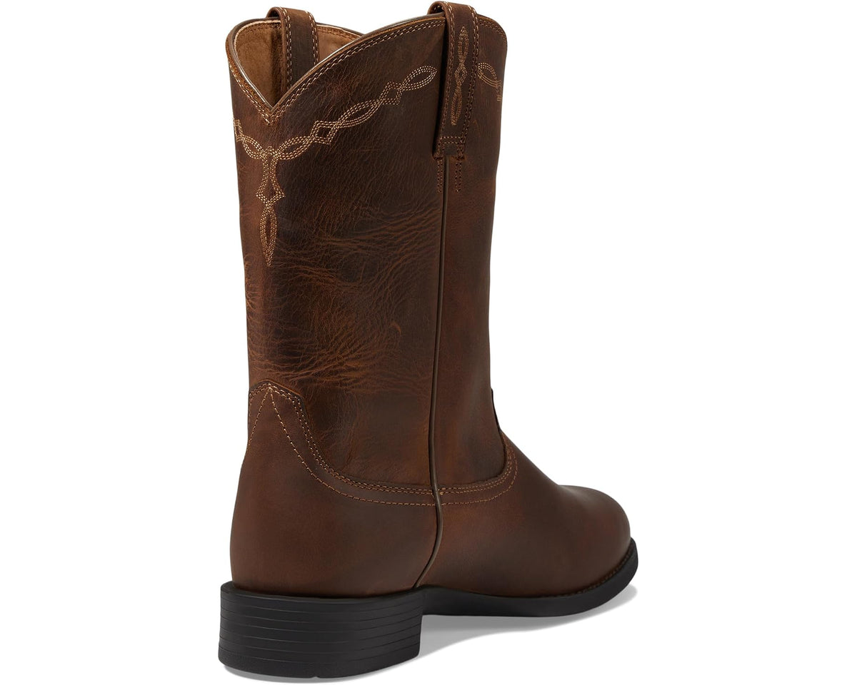 Men's distressed brown roper boots, side view with tall shaft and stacked heel.