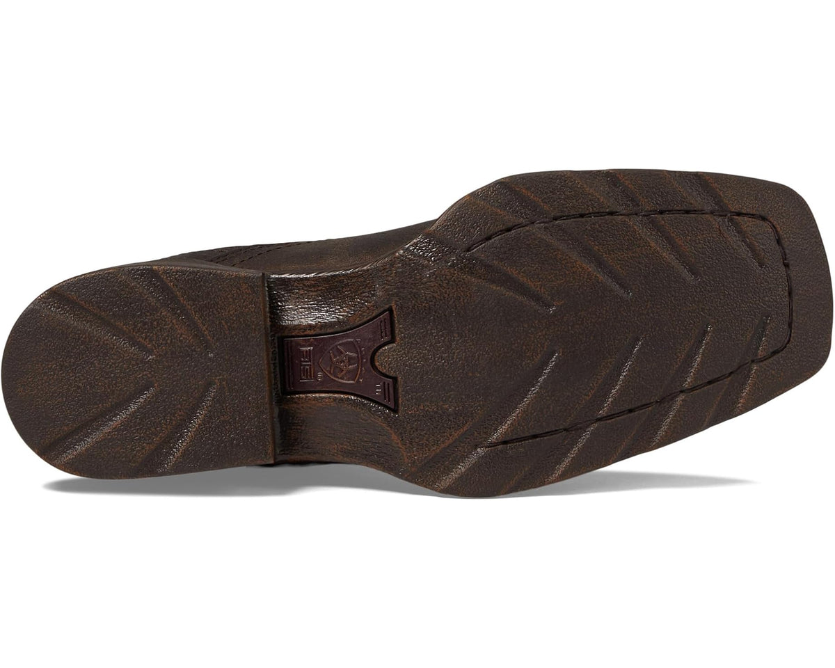 Ariat men's dark brown boot outsole with tread and logo patch