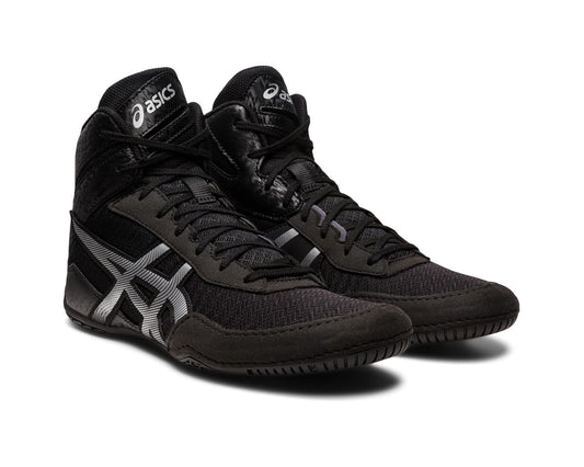 Men's ASICS Matcontrol 3 wrestling shoes, black with Pure Silver accents, lace-up.