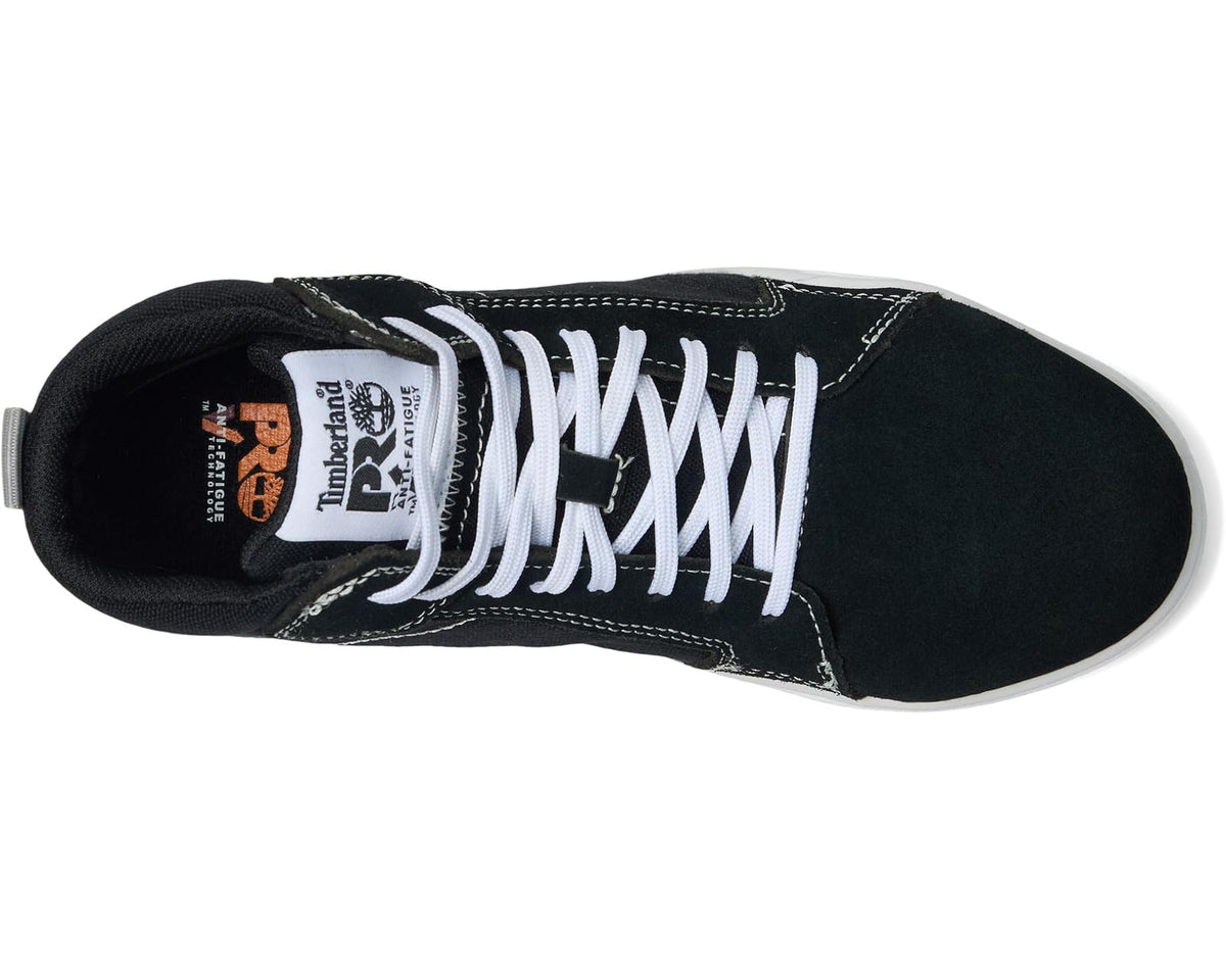 Black high-top safety sneaker with padded collar and white lace-up closure