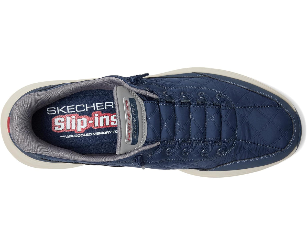 SKECHERS slip-in navy sneaker with grey collar lining and lace-up front