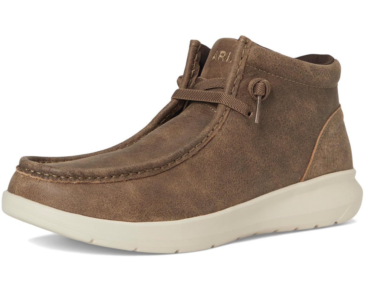 Brown suede Ariat mid-top chukka boot, front three-quarter view with white sole