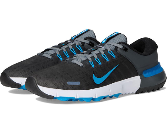 Men's Nike Free golf shoes, dark gray mesh with blue laces and white midsoles