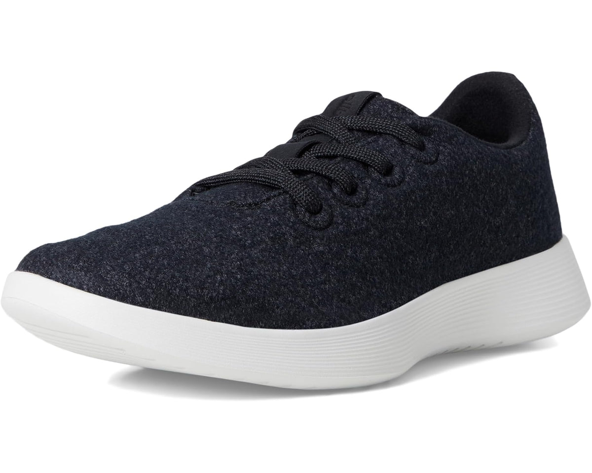 Allbirds wool runner sneakers, dark textured upper, lace-up front, white rubber sole