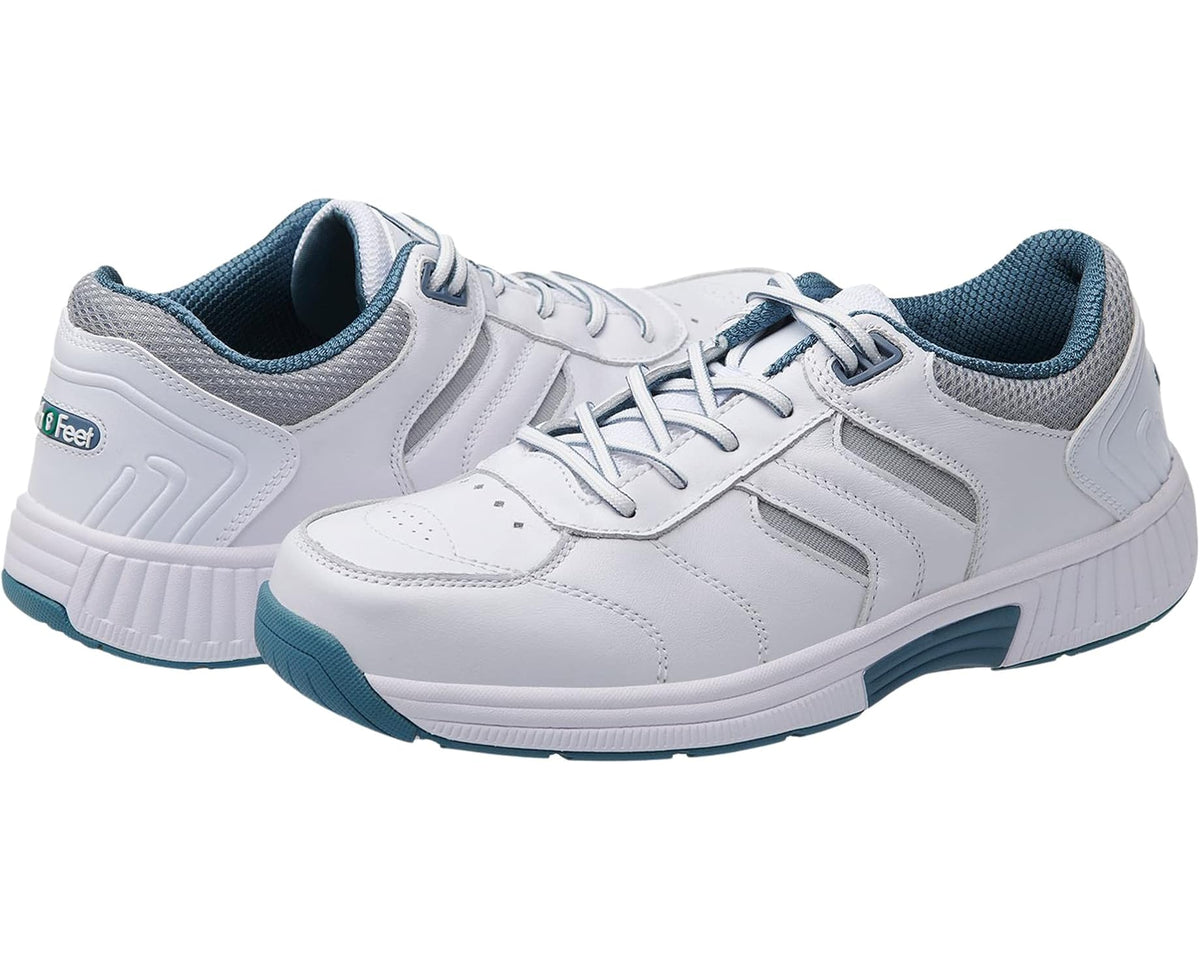 Men's Orthofeet Pacific Palisades white athletic sneakers with blue accents, lace-up
