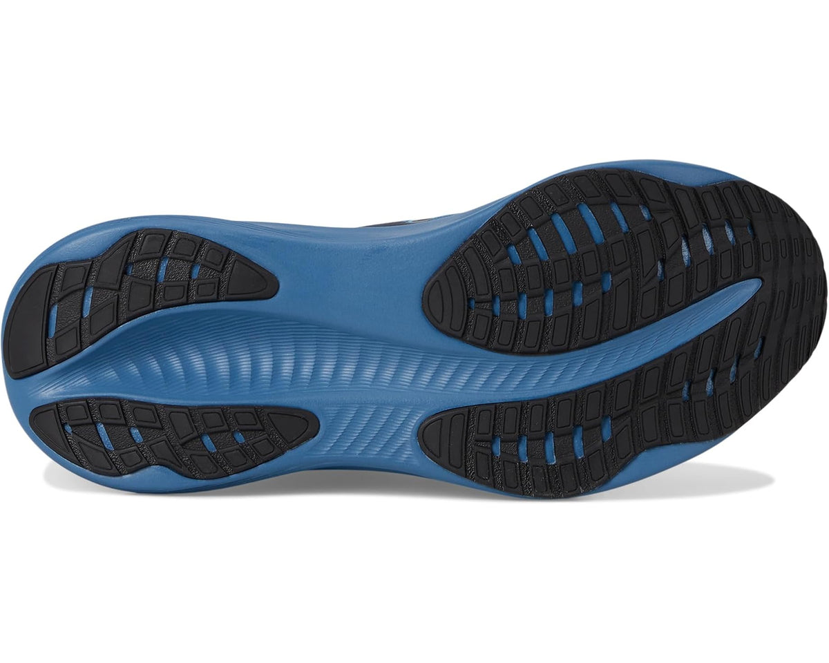 Men's blue running shoe outsole with textured tread pattern and black rubber pods