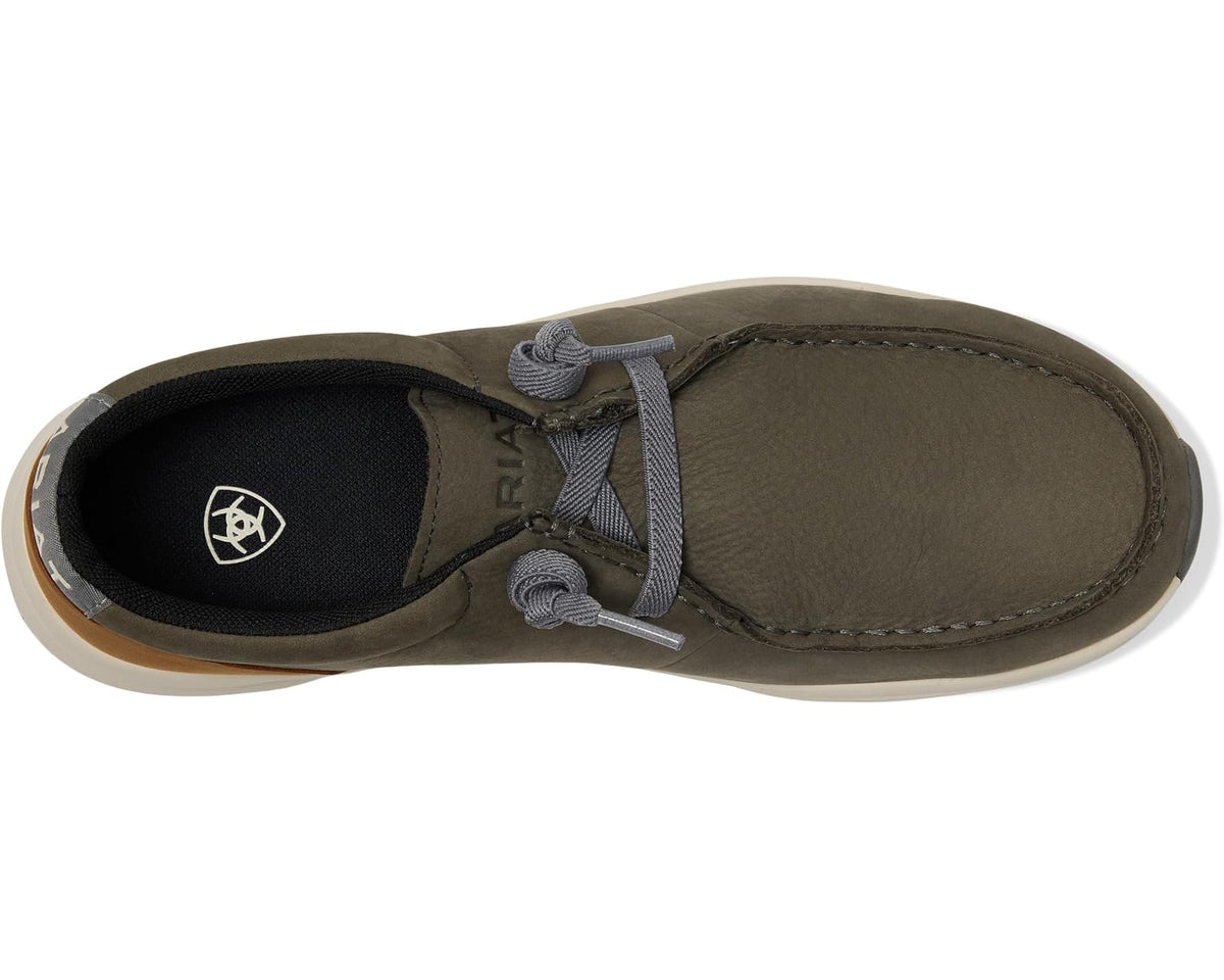 Ariat lace-up shoe interior, dark lining and cushioned collar with gray laces