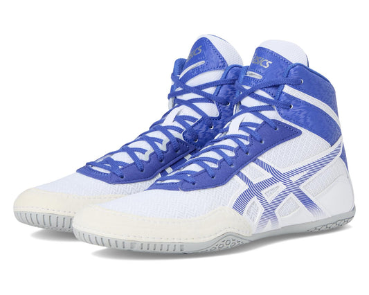 ASICS Matcontrol 3 high-top training shoe in white and royal blue