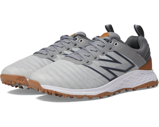 Men's New Balance golf shoe, grey/charcoal knit upper, lace-up, brown traction sole
