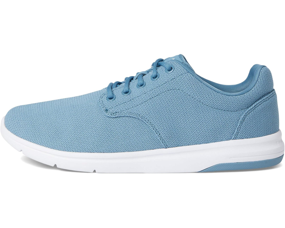 Men's blue knit lace-up sneakers with padded collar and white rubber sole
