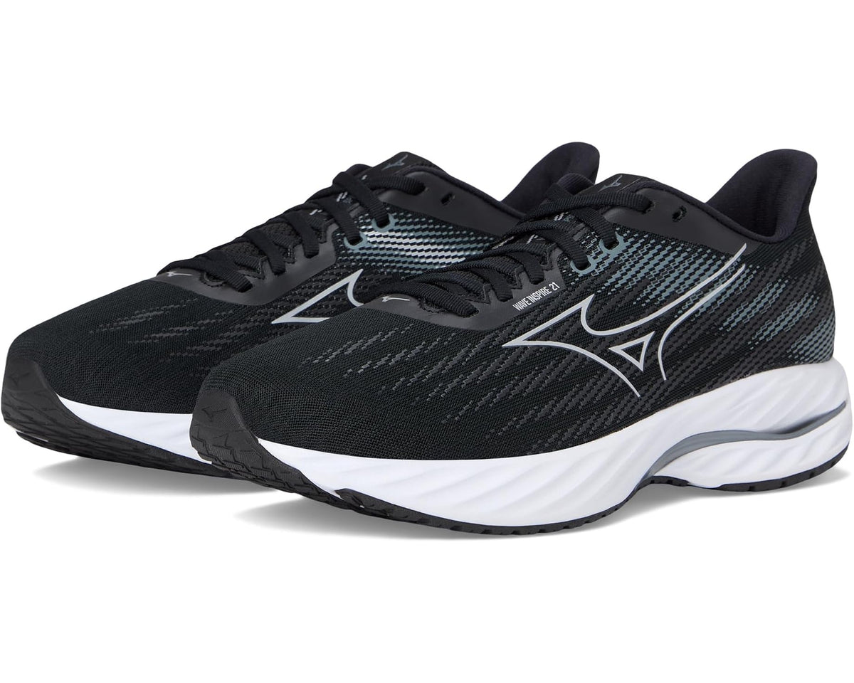 Men's Mizuno running shoes in black with silver accents, lace-up design.