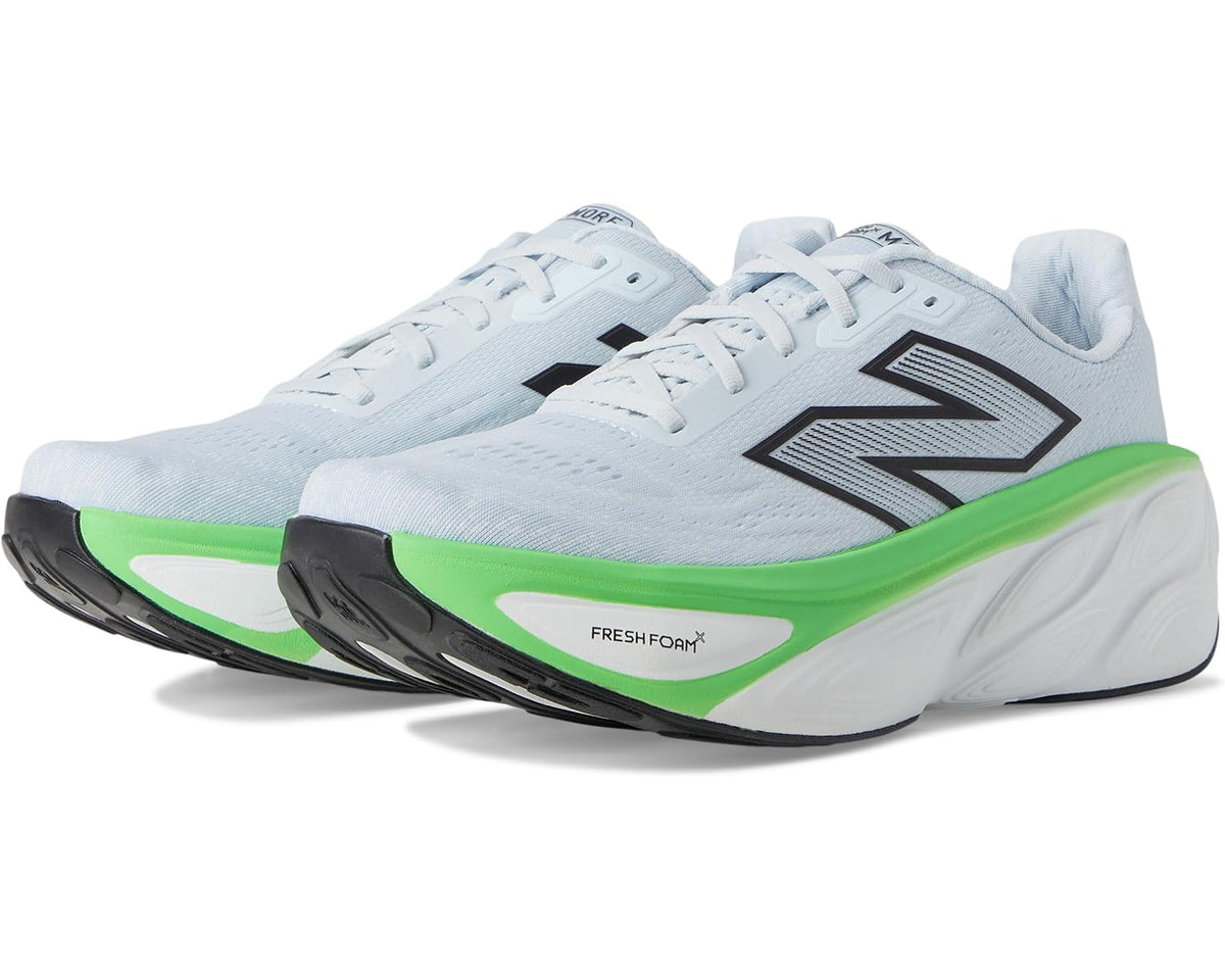 Men's New Balance Fresh Foam X More v5 running shoes, light blue with neon green trim