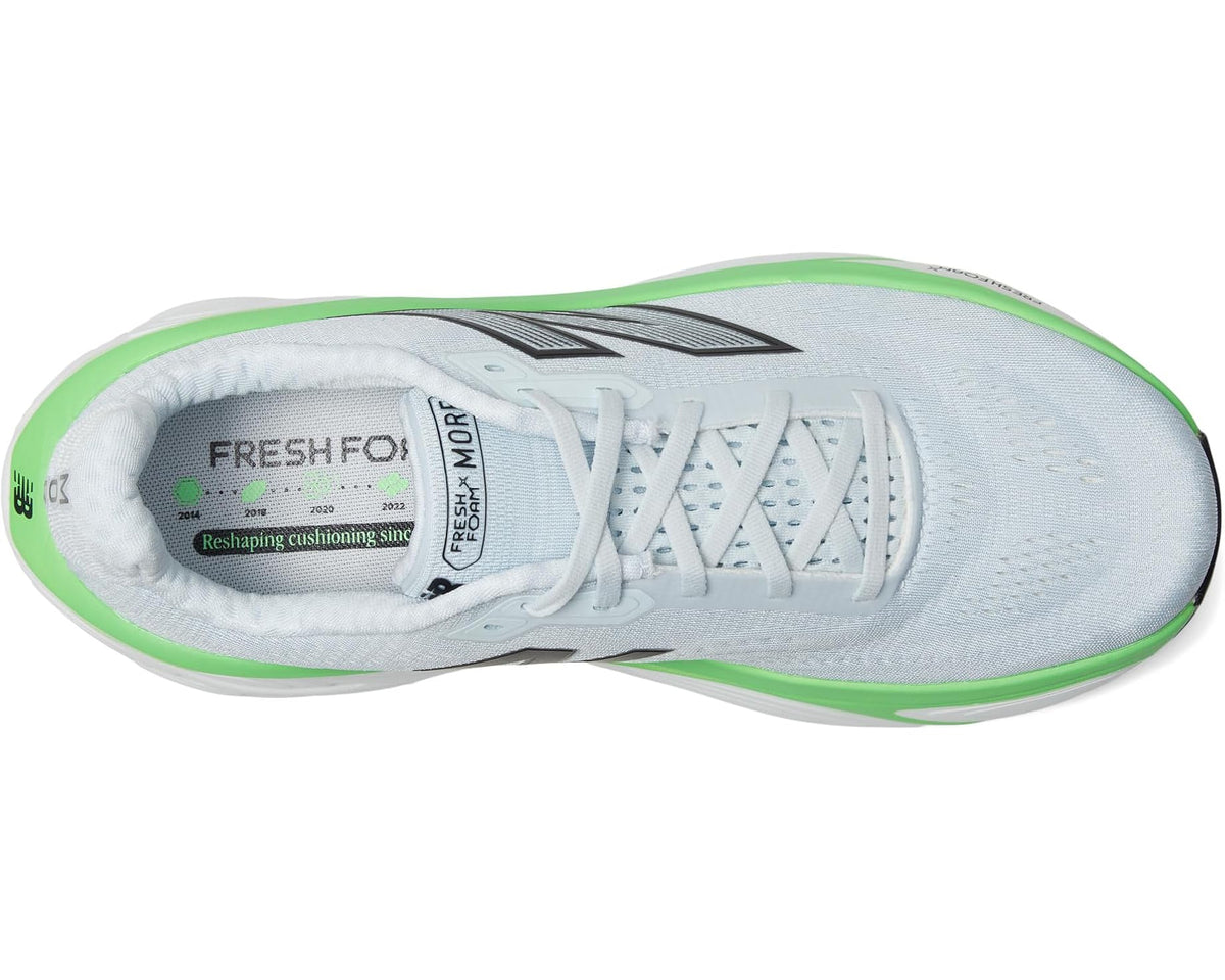 Men's New Balance Fresh Foam X More v5, light blue upper with neon green outsole edge