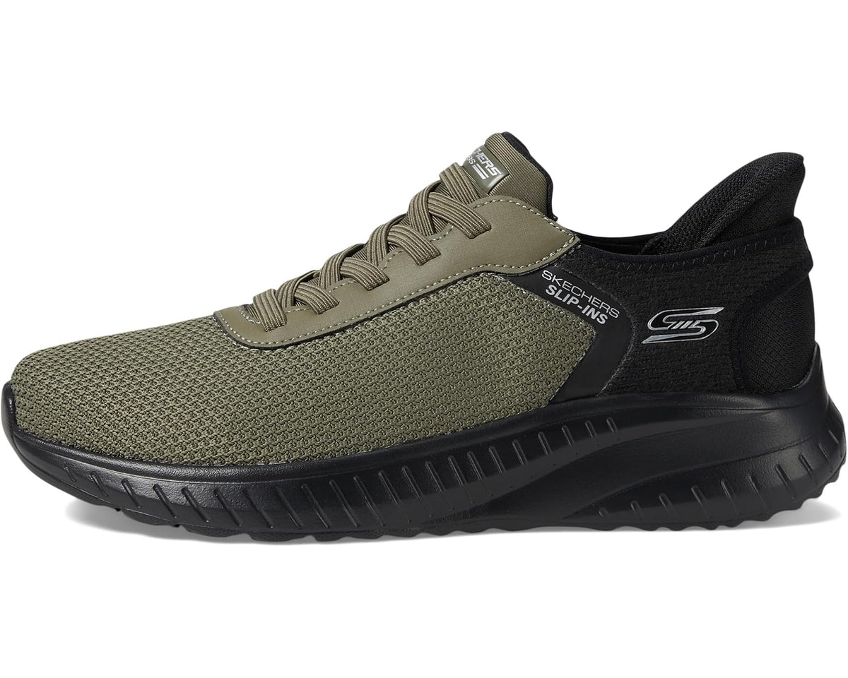 Men's olive knit slip-on sneakers with black heel panel and S logo