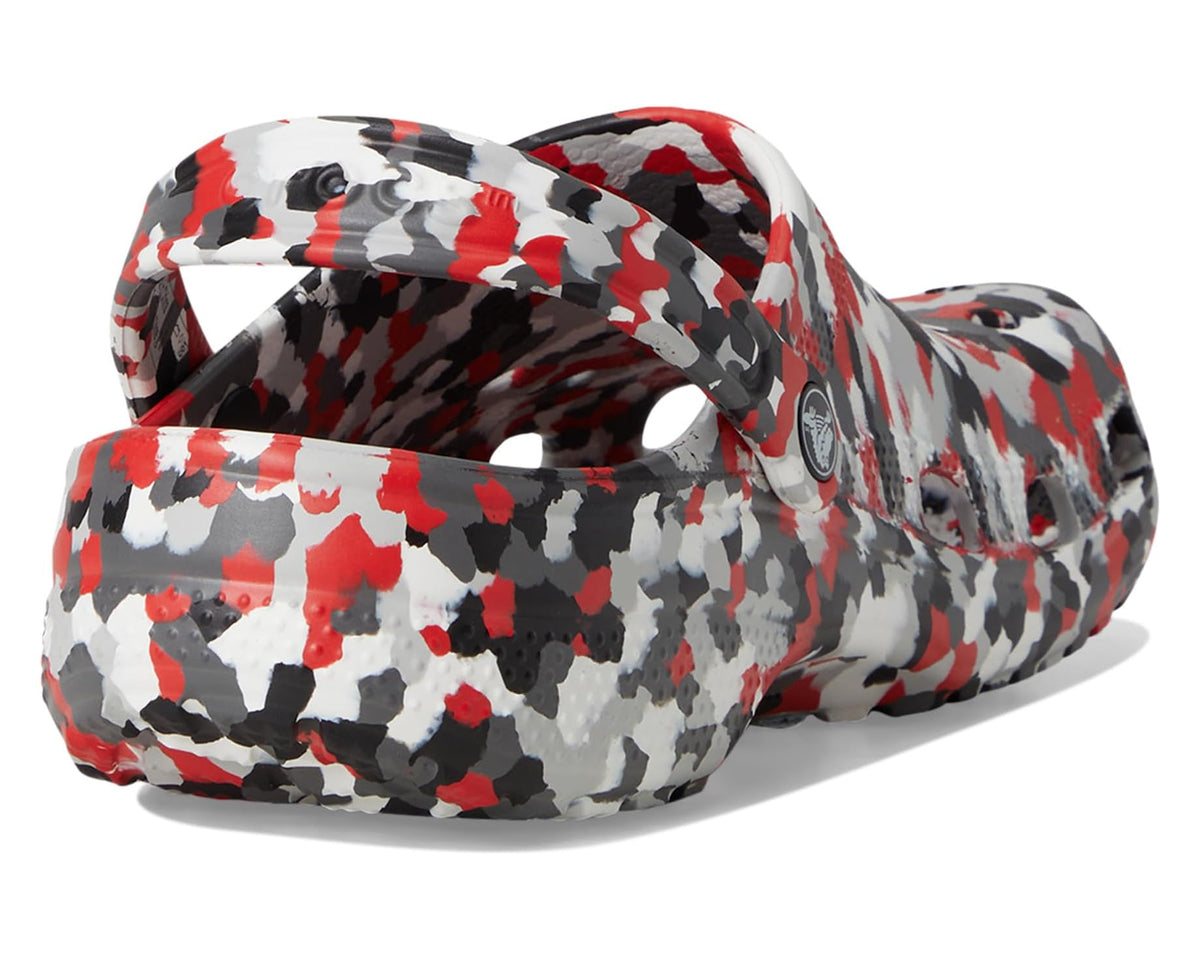 Crocs unisex graphic clogs, back/heel view, white black red camo print