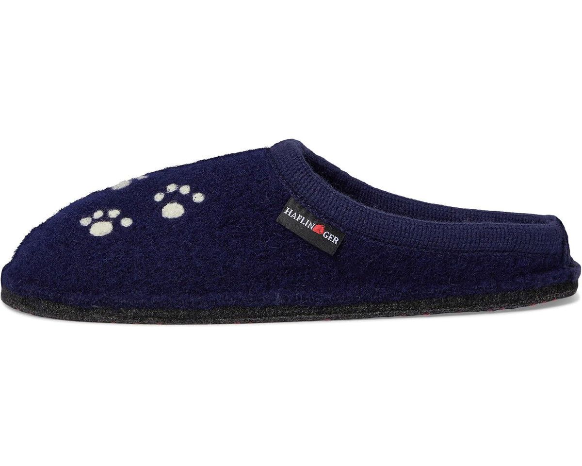 Blue felt slip-on slipper with paw prints and Haflinger brand patch on vamp