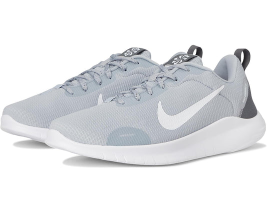 Men's Nike running shoes, light gray knit uppers with white Swoosh and lace-up front