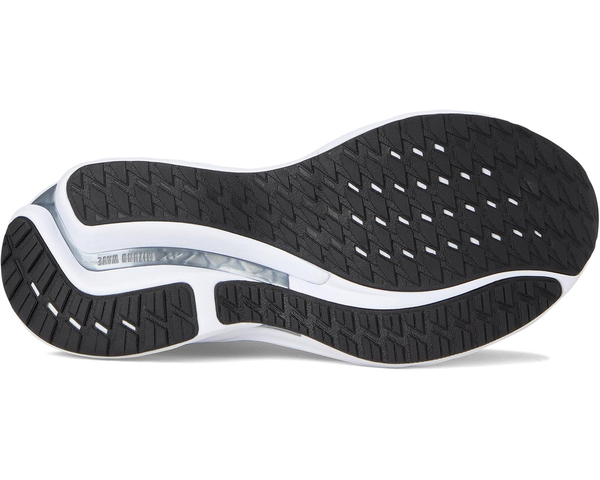 Men's black running shoe outsole with tread pattern and white midsole edge.