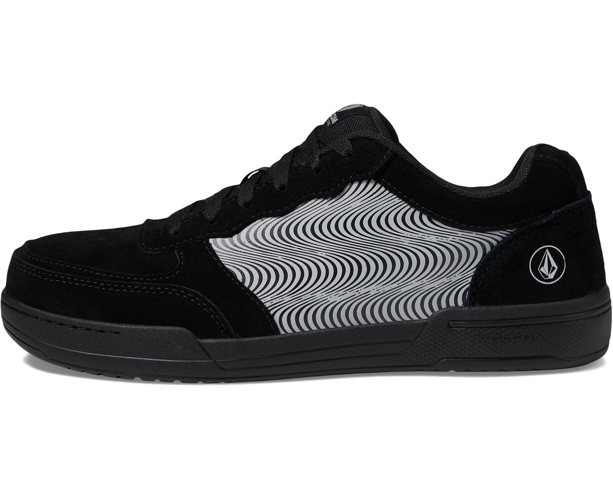 Men's Volcom hybrid skate shoe, black upper with white wavy panel and side logo