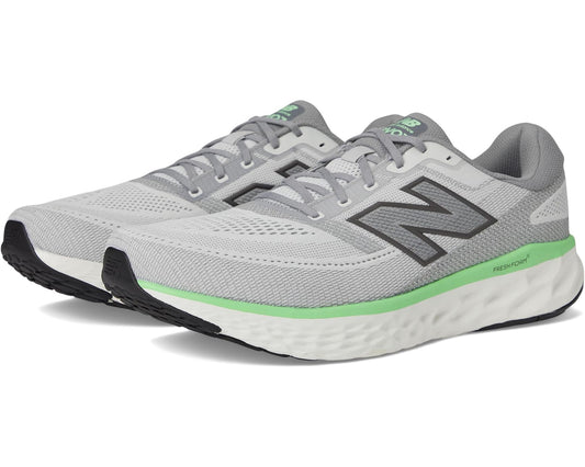 Grey New Balance running shoes with neon green trim, mesh upper, N logo
