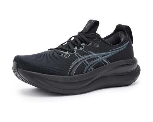 Men's ASICS GEL-Nimbus 28 running shoe in black with gray logo accents