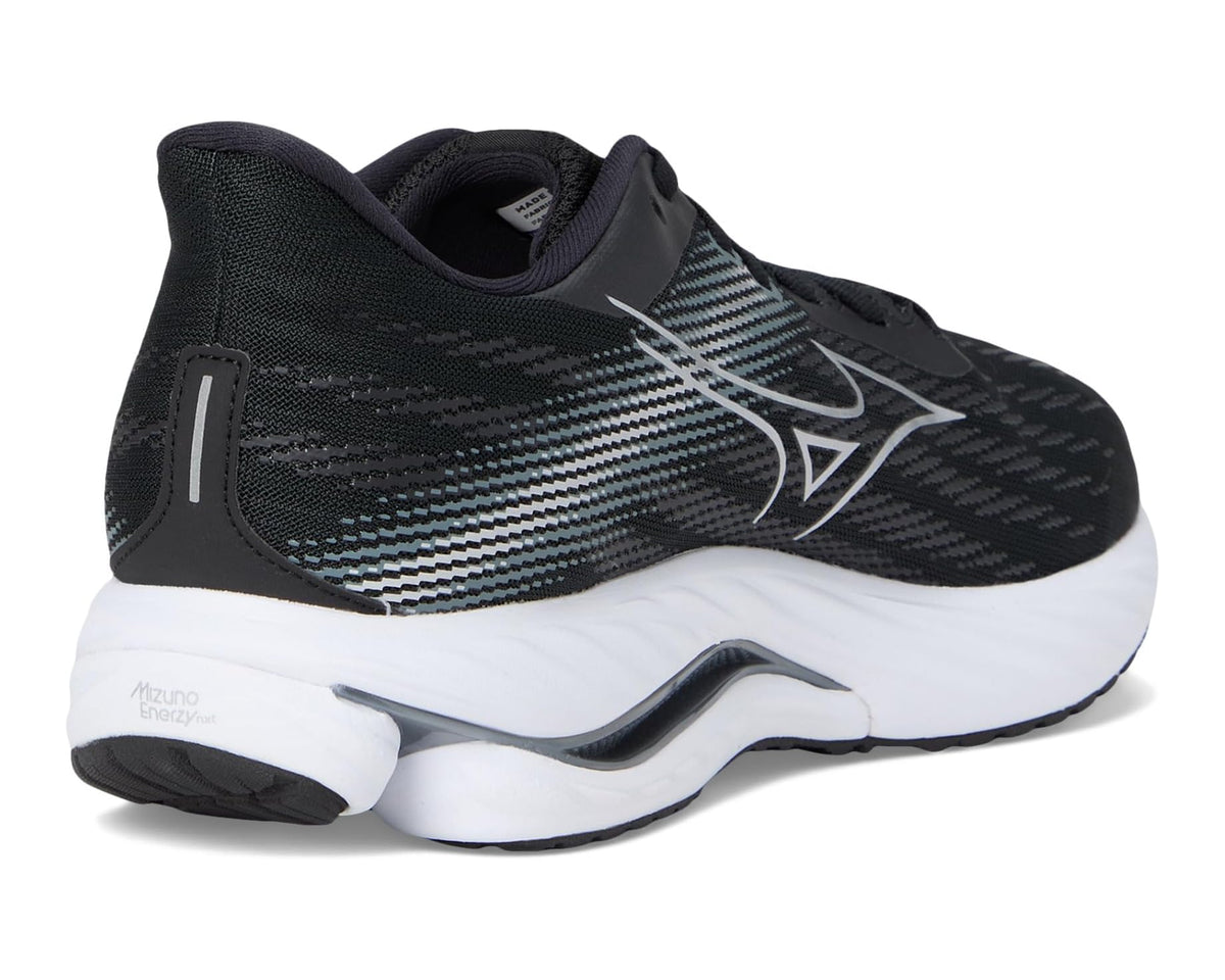 Men's black Mizuno running shoe with textured knit upper and white midsole.