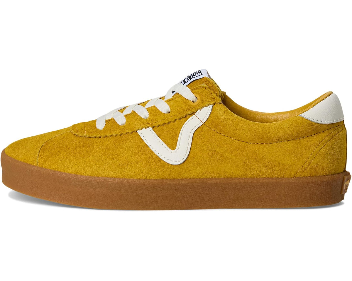 Mustard yellow suede low-top sneaker, white laces and side stripe, gum sole