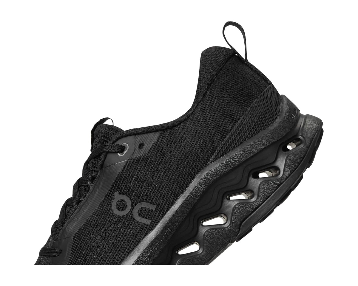 Black men's trail shoe upper with lace eyelets and On logo detail