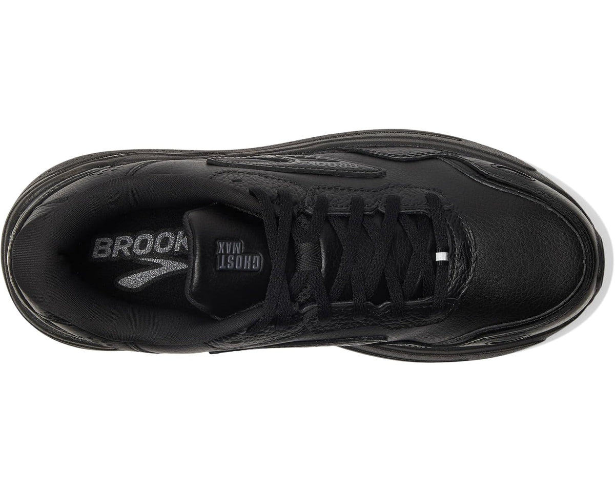 Black leather Brooks running shoe toe and lace area, showing tongue and interior tag