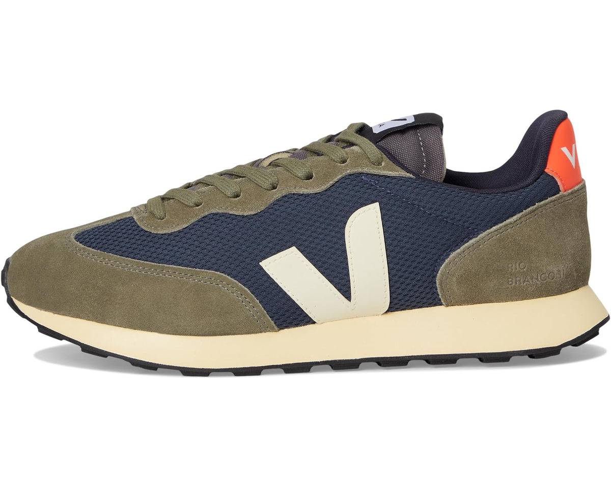 Men's VEJA Rio Branco II sneakers, navy and olive with white V logo and orange heel