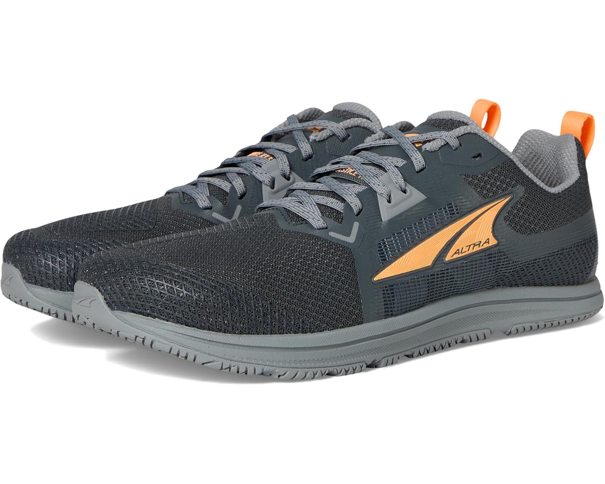Men's dark gray running shoe with orange accents and lace-up mesh upper