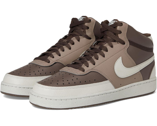 Men's Nike mid-top sneakers in brown and light bone with white swoosh and lace-up