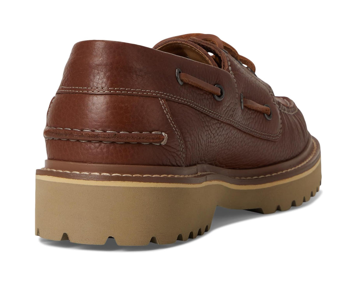Hazelnut brown leather boat shoe heel view with platform sole