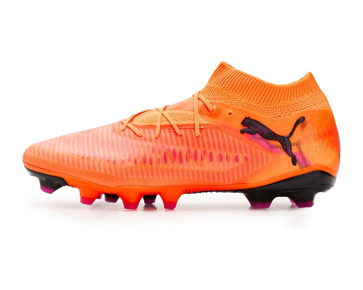 PUMA men's soccer cleats, orange upper with black PUMA logo and purple-accent sole