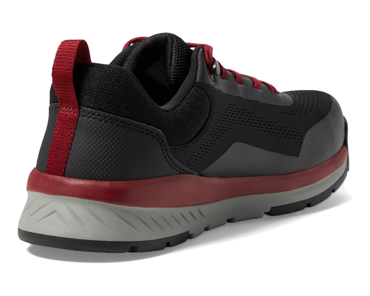 Men's black knit sneakers with red heel pull tab and cushioned heel