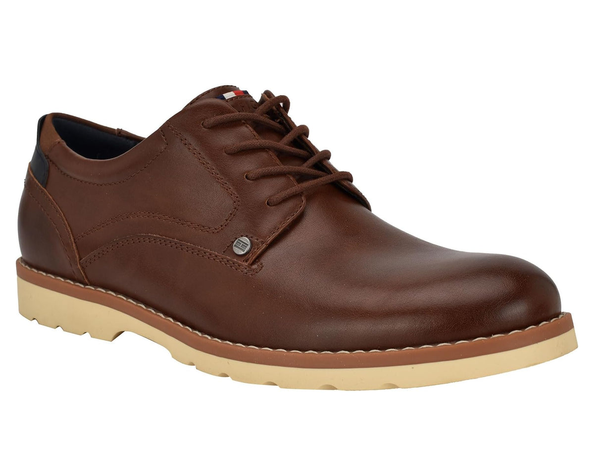 Cognac leather lace-up casual shoe with logo badge and cream rubber sole