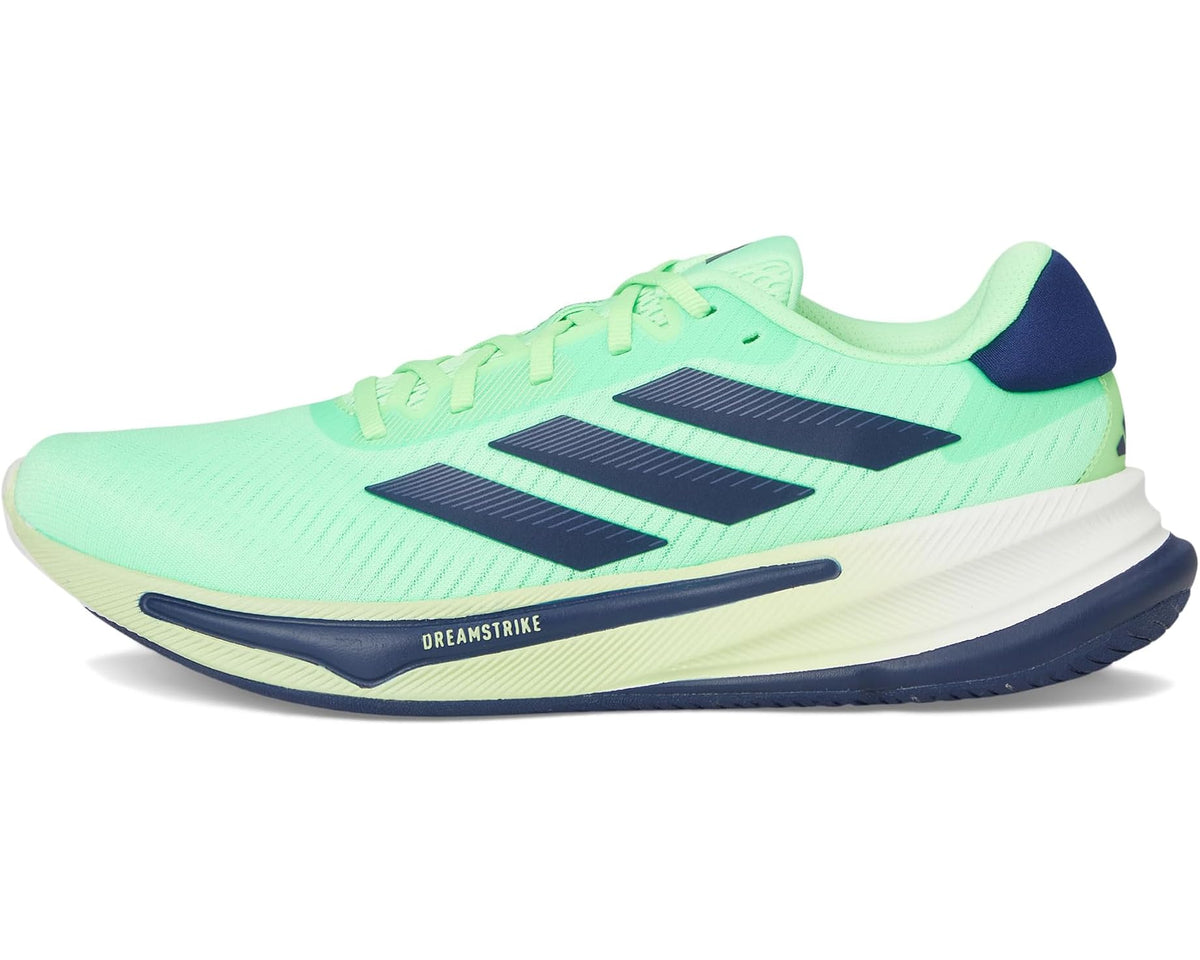 Lime green low-profile running shoes with three black stripes and navy heel