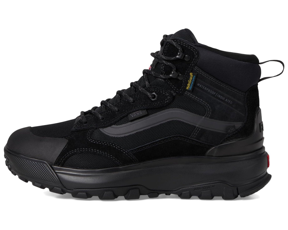 Black lace-up high-top boot with side logo, padded collar, and pull tab