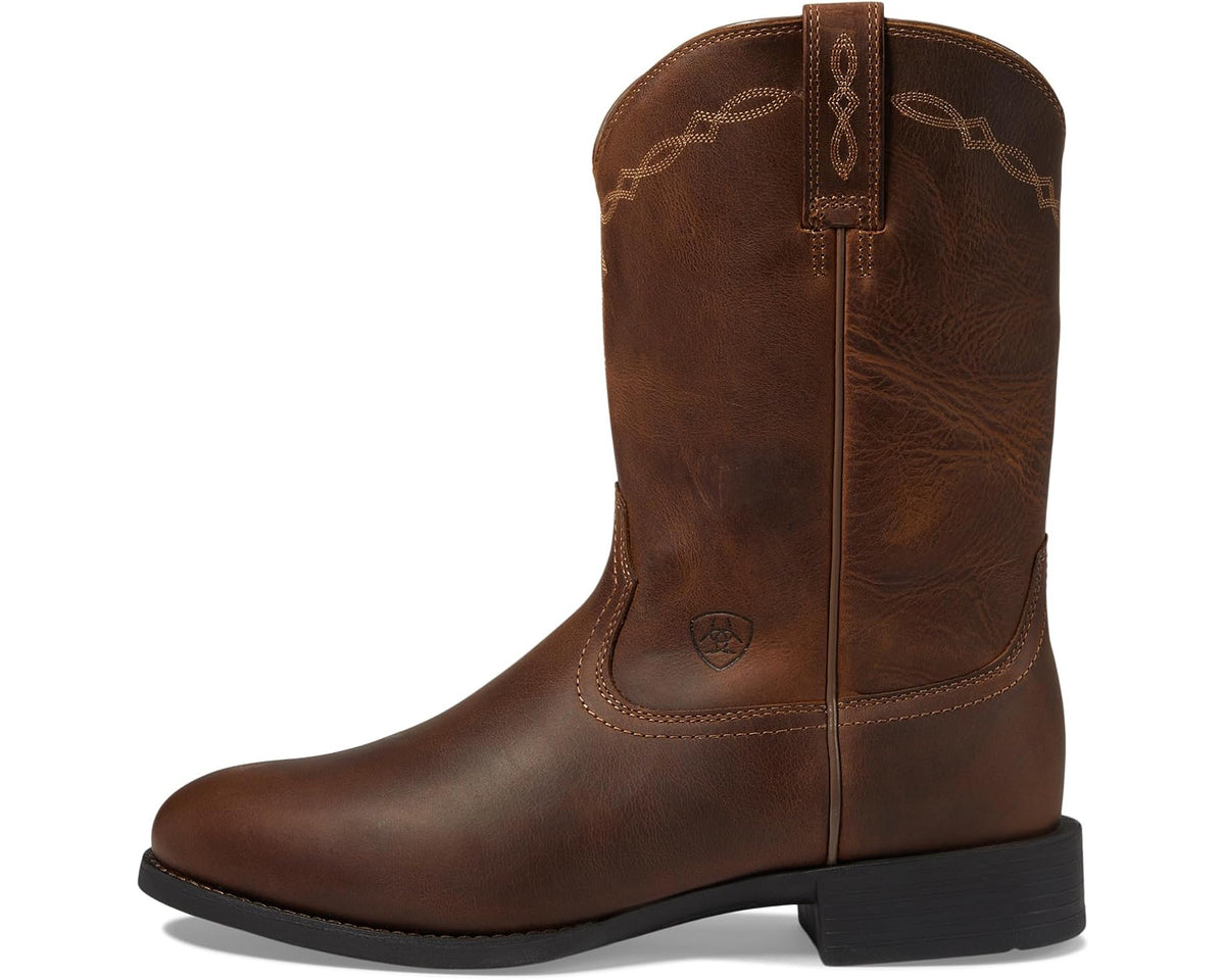 Men's distressed brown roper boot, front-quarter view with pull tab and stitched seams.