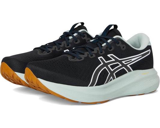 ASICS Gel-Excite 11 men's running shoes, black knit upper, white logo, orange outsole