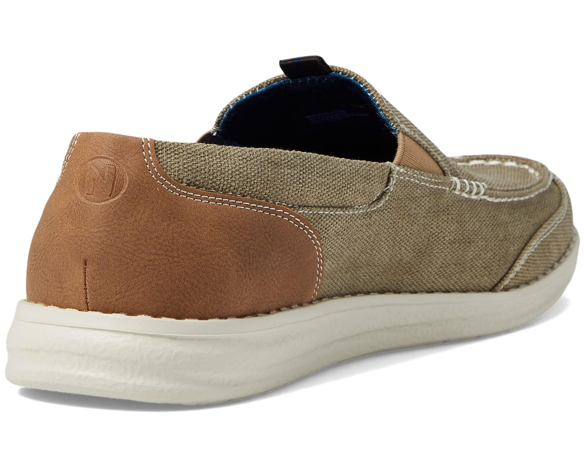 Stone canvas slip-on moc toe with rear brown panel and cushioned sole
