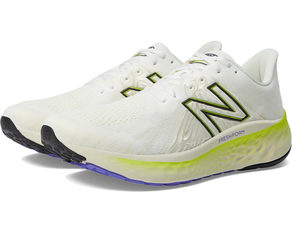 Men's New Balance running shoes in white with neon green and purple midsole