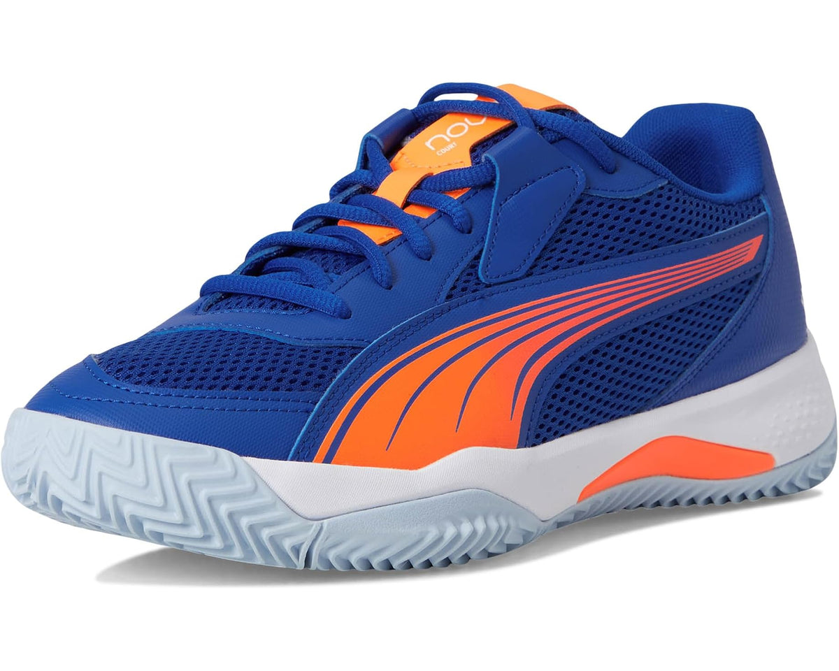 PUMA Nova Court pickleball shoes, blue with orange stripe and red lines, white midsole
