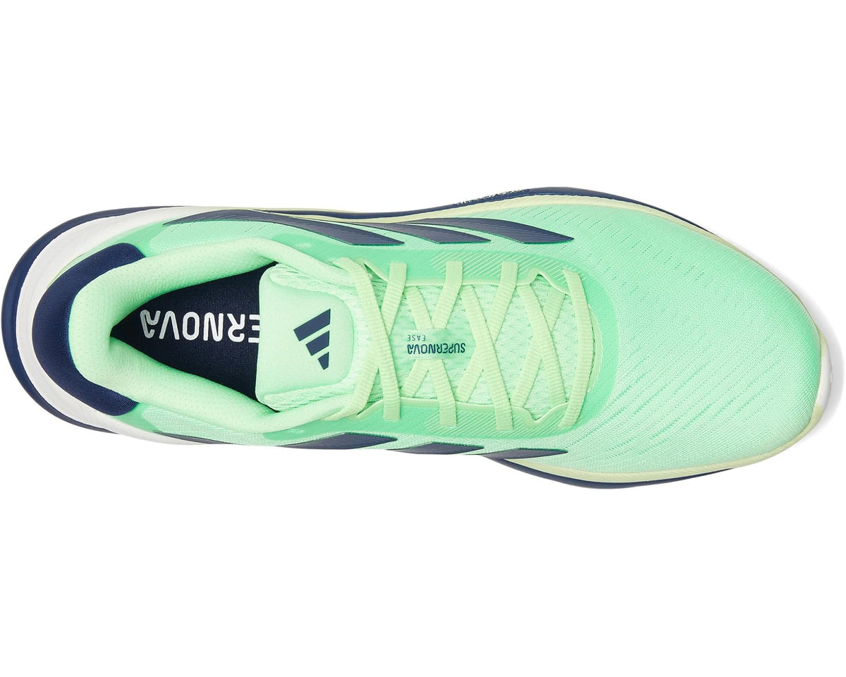 Lime green running shoe with lace-up front, three black stripes, navy collar