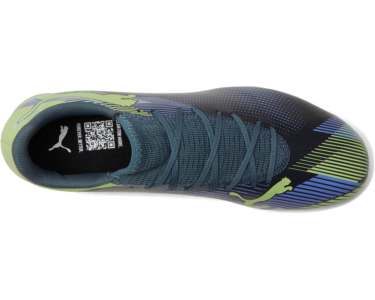 PUMA men's soccer cleats, side view with dark knit upper and neon green stripe