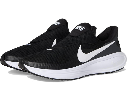 Pair of men's black Nike slip-on running shoes with white swoosh and gray outsole