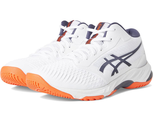 Men's ASICS volleyball shoe in white with indigo accents and orange outsole