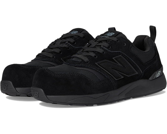Black lace-up work sneakers with New Balance N logo and cushioned low-profile sole